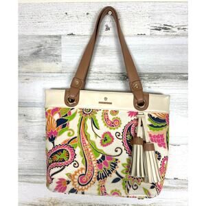 Spartina 449 High Ebb Island Tote bag purse boho paisley cream leather linen